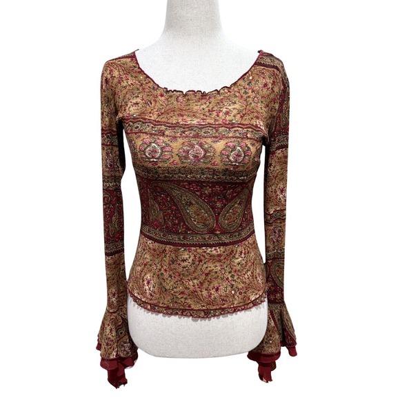 Trixxi Tops - 2000s Y2K Trixxi Womens Paisley Mesh Top Burgundy Gold Tiered Bell Sleeve Boho M